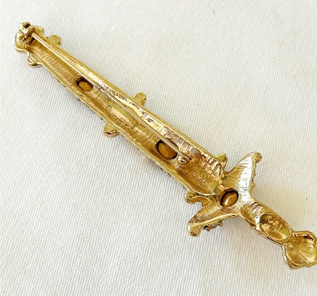Rare vintage signed KJL KENNETH JAY LANE sword brooch with colored & white rhinestone accents