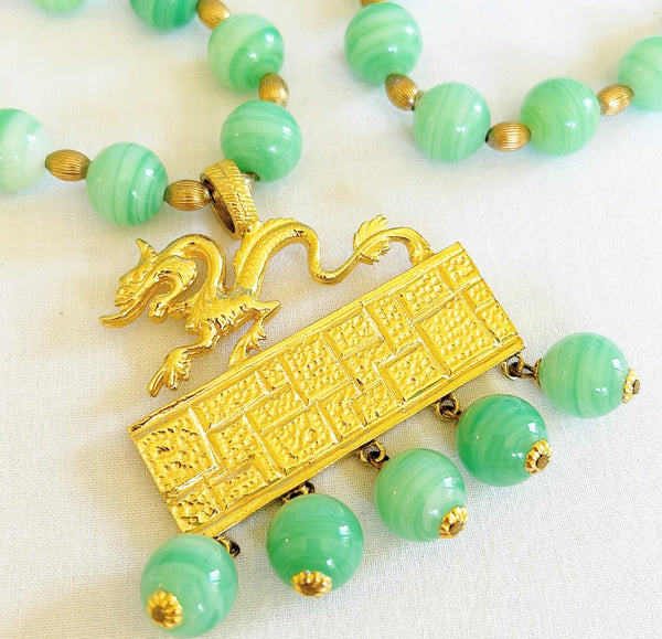 Amazing rare signed vintage Kenneth Lane statement necklace with jade beads & large scale chinoiserie style dragon pendant with dangling jade beads
