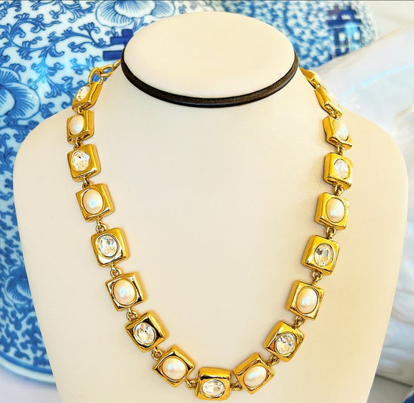 Amazing signed Givenchy 1980s vintage large link necklace with simulated pearls & rhinestones.