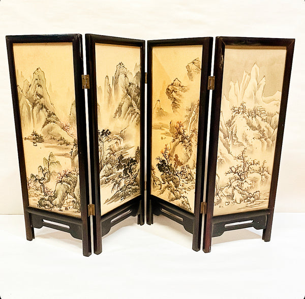 1950s vintage 4 panel chinoiserie wooden frame screen with hand printed silk inset panels.