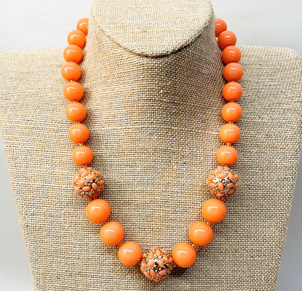 Vintage coral beaded necklace with coral cabochons style accents mixed with gold in 3 accent beads