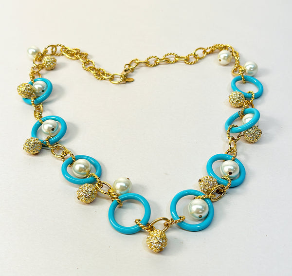 Vintage Brighton signed faux pearl &amp; turquoise acrylic necklace with gold metal links