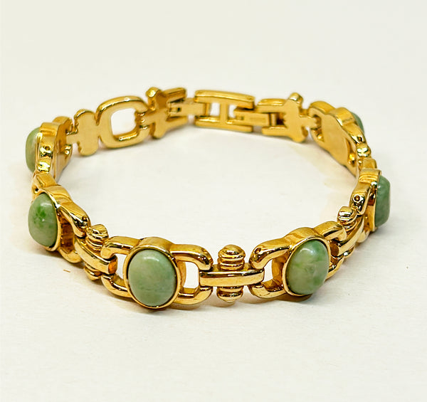 Classic vintage gold metal link style bracelet with jade green cabochon style stones