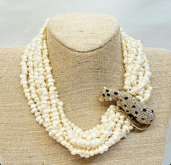 Rare 1980s signed Kenneth Lane faux multi cluster pearl necklace with leopard clasp.