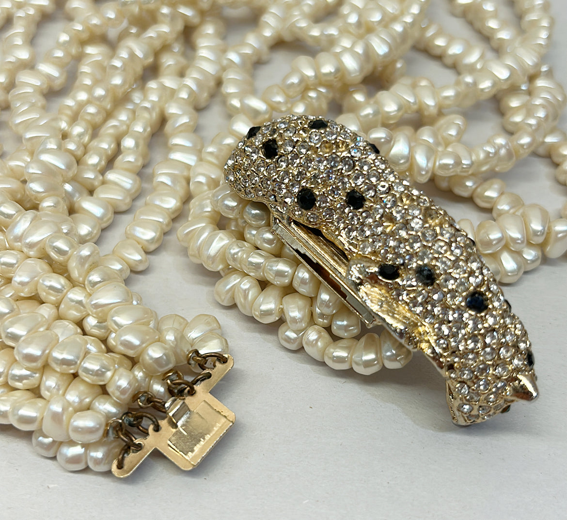 Rare 1980s signed Kenneth Lane faux multi cluster pearl necklace with leopard clasp.