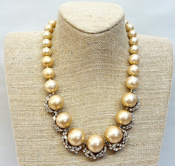 Fabulous signed vintage Givenchy faux pearl statement necklace with rhinestone crystal accents in front center.