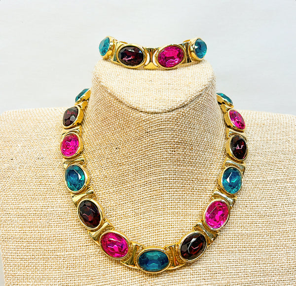 Vintage 90s - Beautiful pinks &amp; green faux gemstone designer statement necklace with matching bracelet.