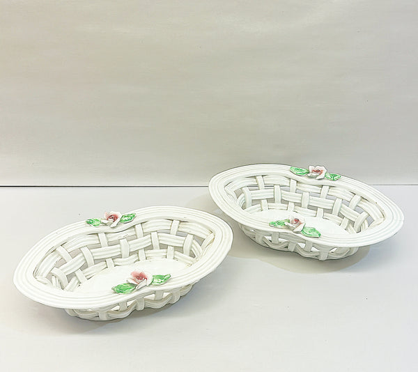 Rare matching pair of vintage 60s oval style shaped white ceramic baskets