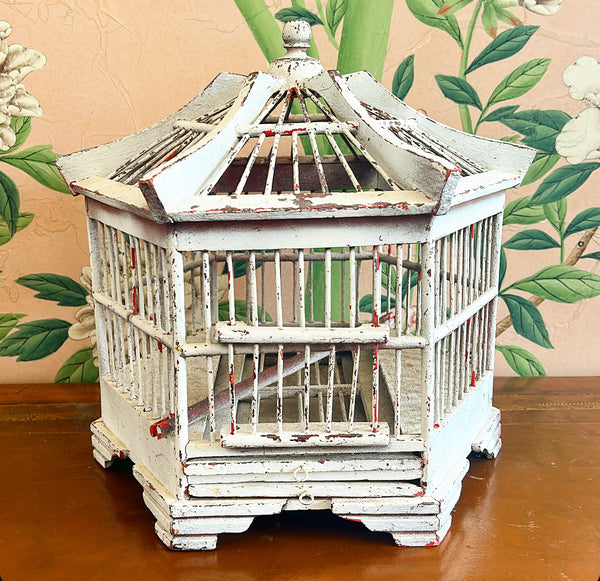 1980s pagoda style / shaped chippy painted white birdcage
