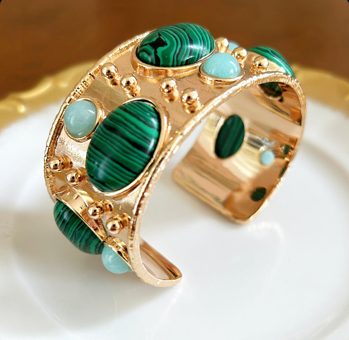 Fabulous statement cuff with malachite & turquoise style beaded accents.