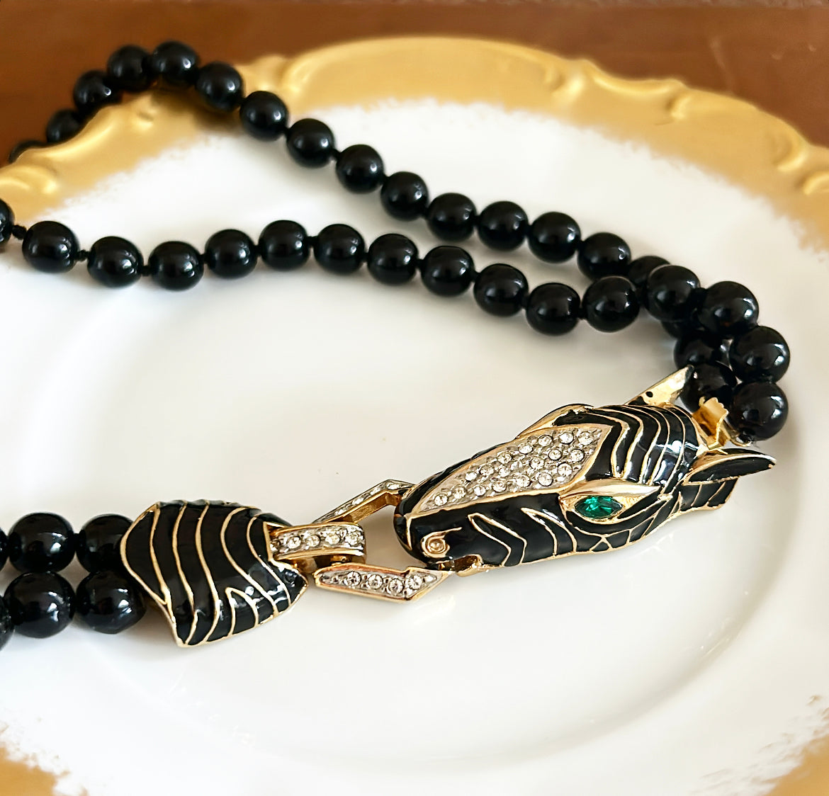 Outstanding vintage 80s signed Les Bernard zebra necklace.