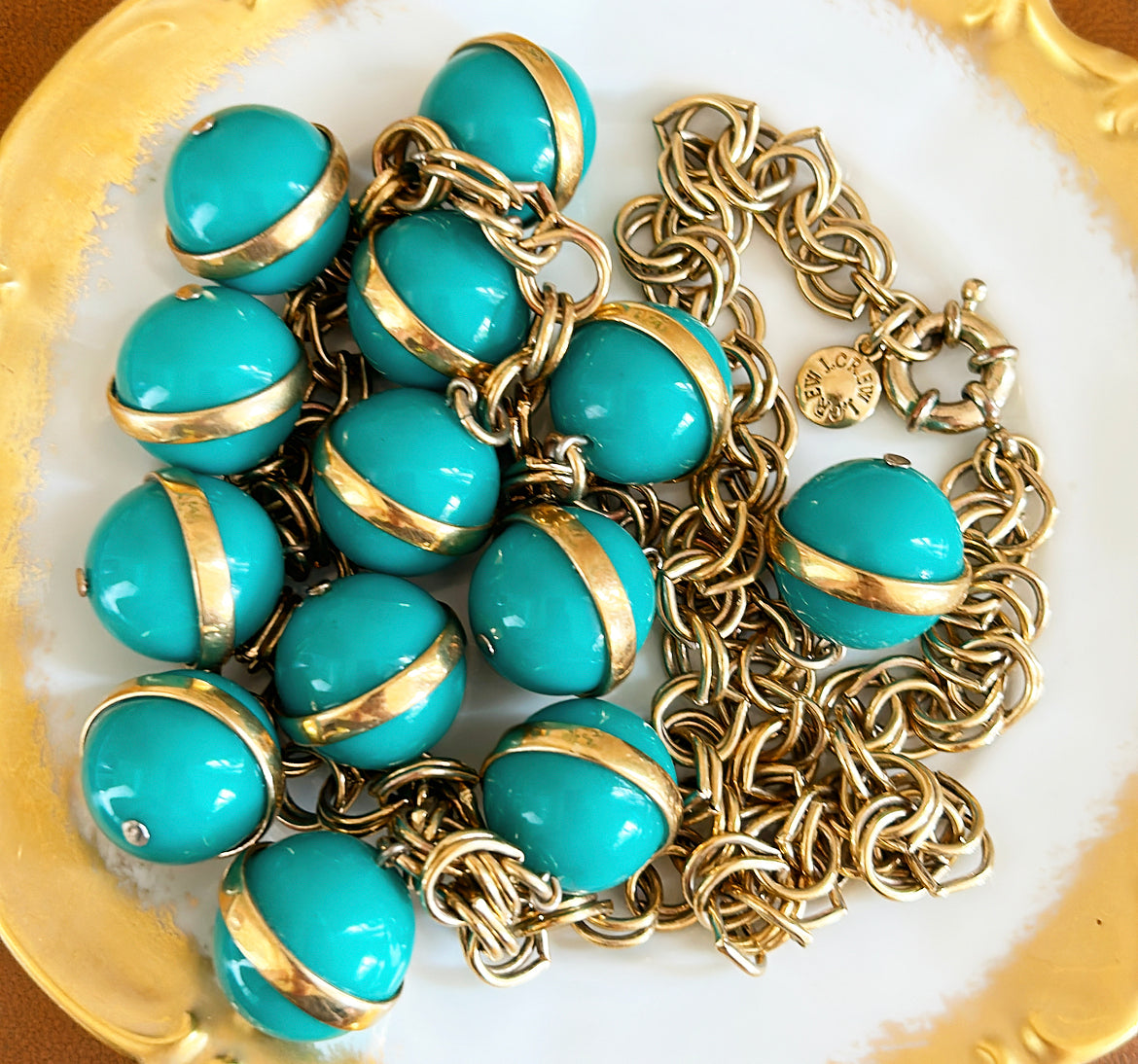 Vintage 90s classic signed J Crew green /gold preppy necklace.