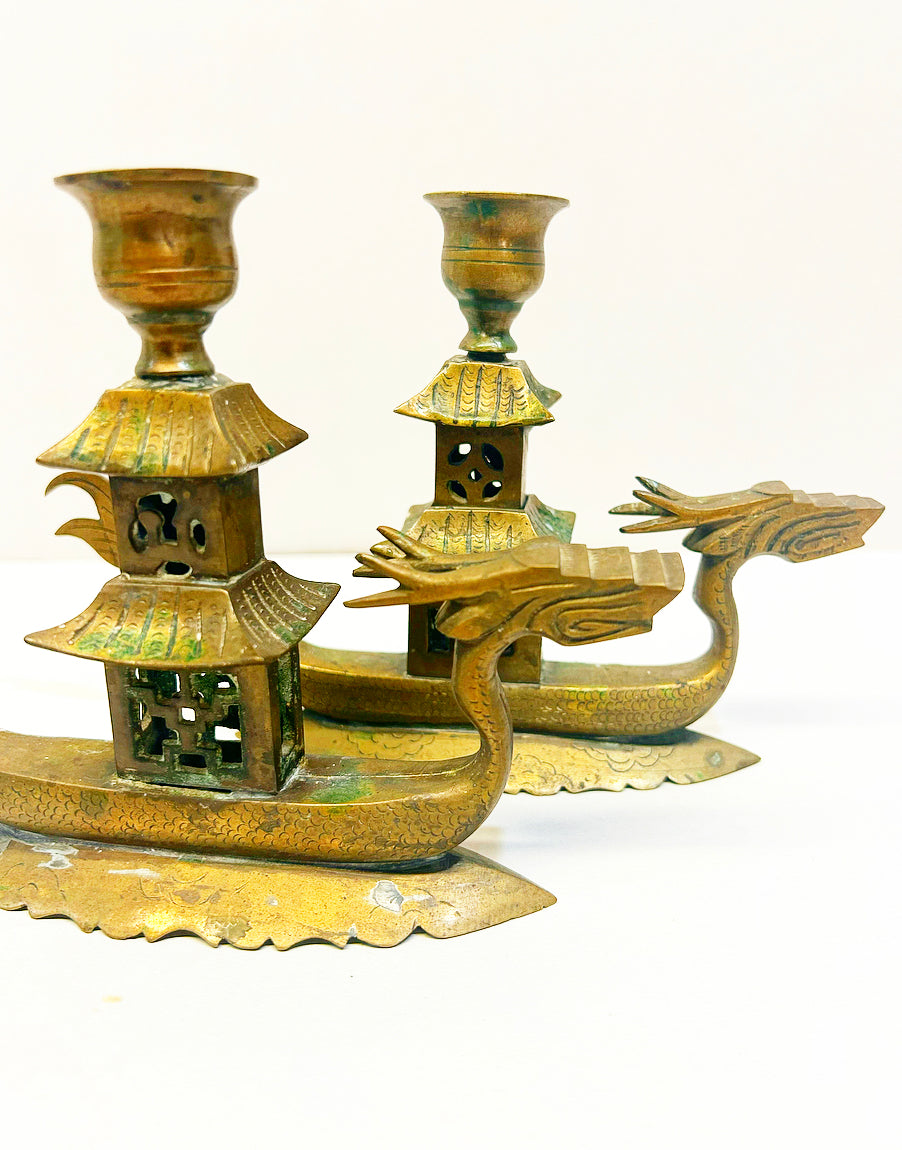 Mid century 60s solid brass rare chinoserie dragons with pagoda candlesticks