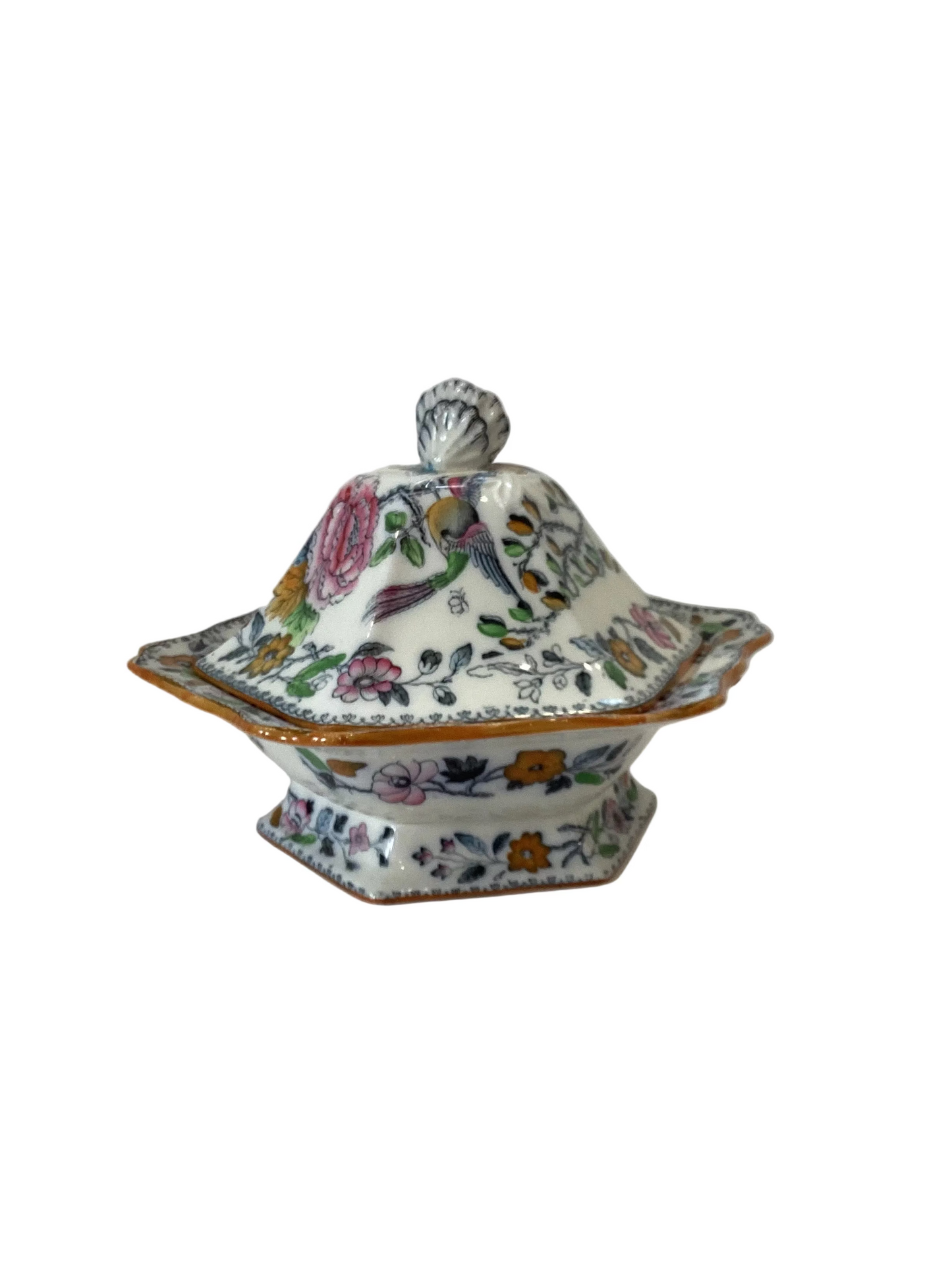 Ashewood Brothers Hanley Tureen & Lid Floral Flying Birds England 1895