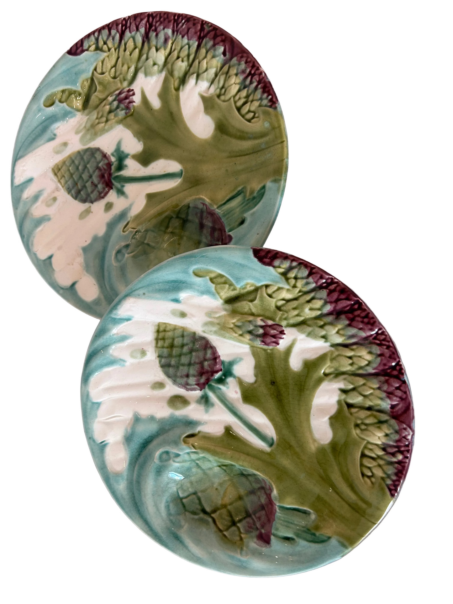 19th-century French Majolica artichoke and asparagus plates - Sold in Pair