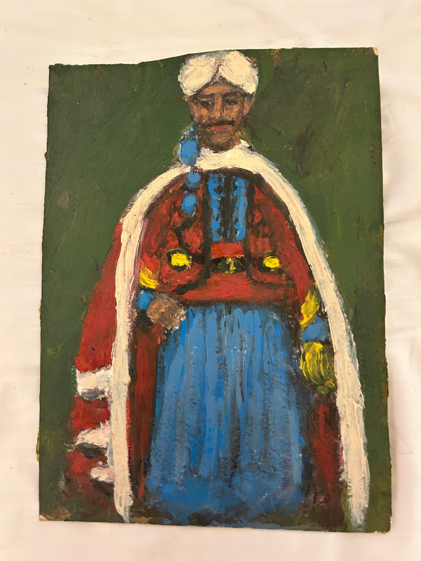 This artwork appears to be a painting on heavy paper, depicting a stylized figure