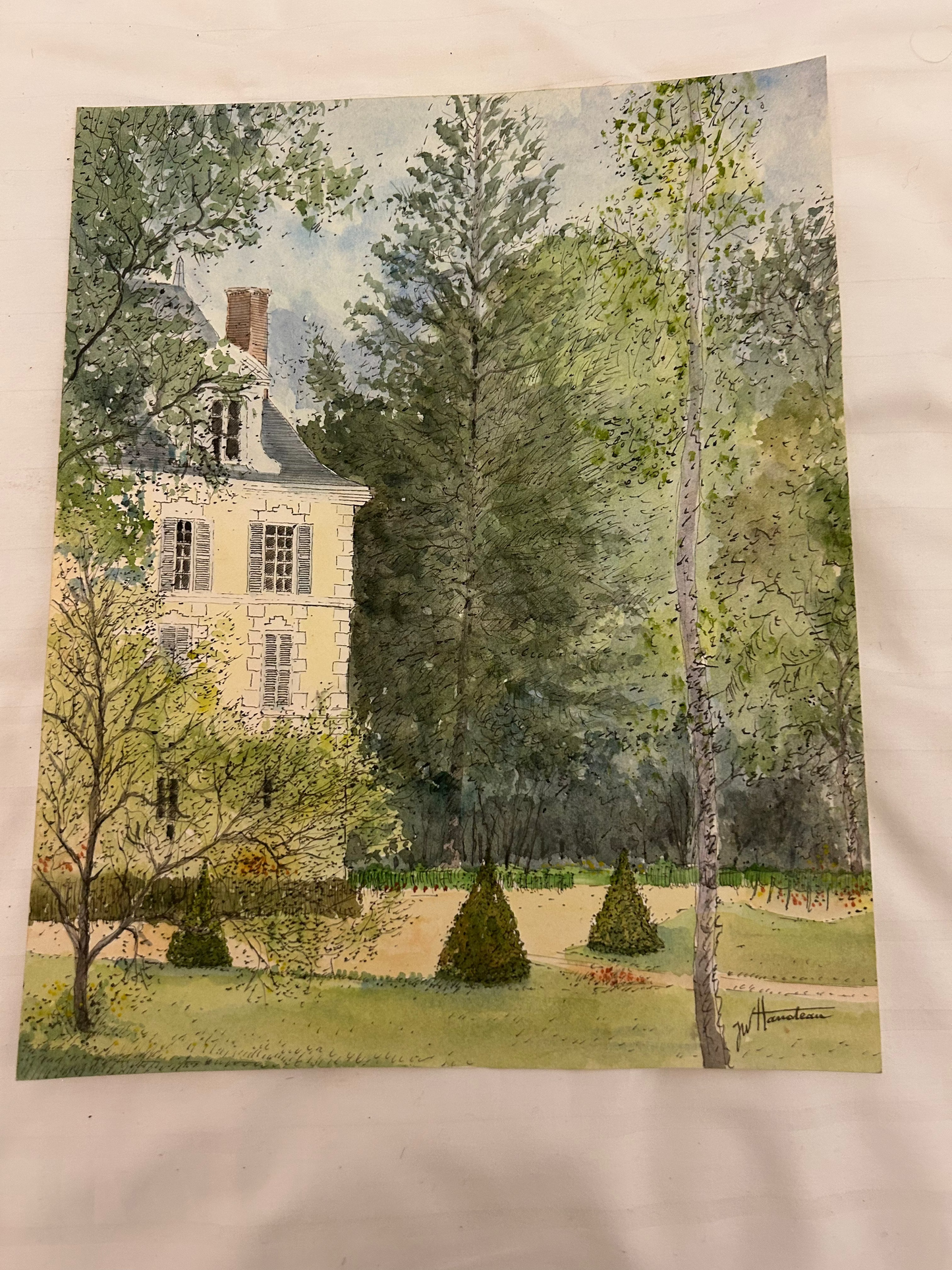 This is a watercolor illustration of a house surrounded by trees
