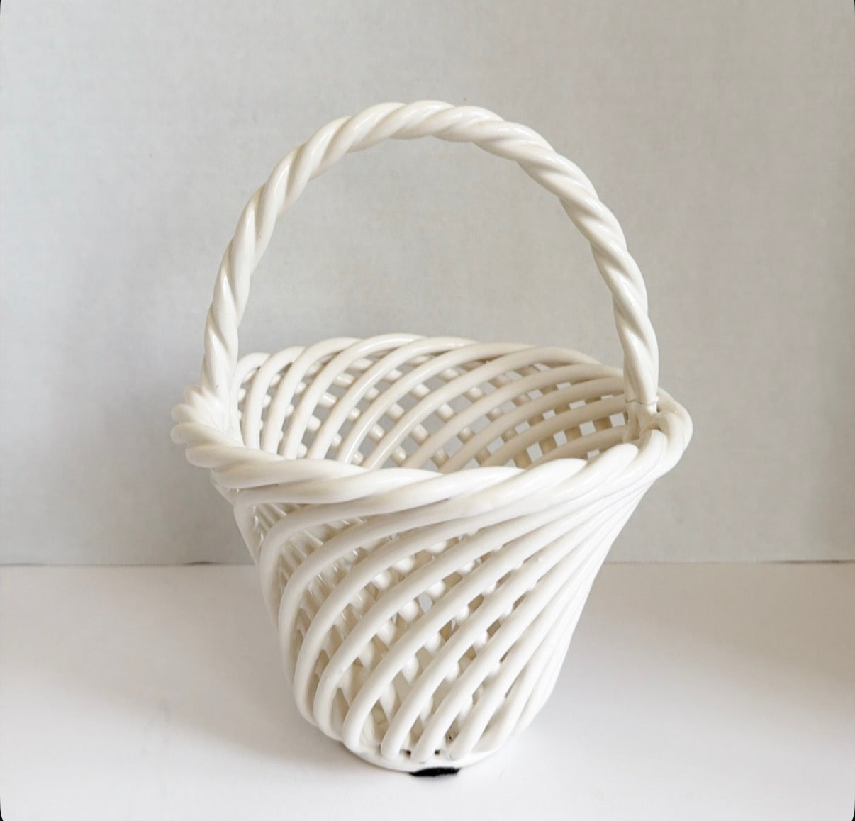 Vintage white ceramic basket with handle creamware