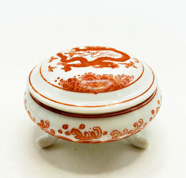Classic orange & white hand painted porcelain decorative round footed box