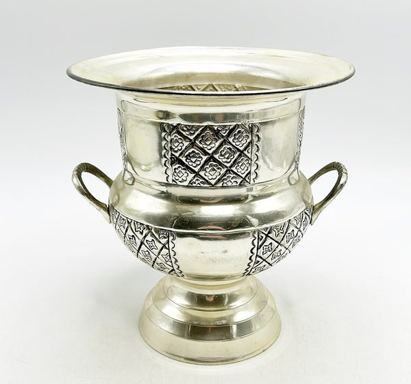 Vintage silver metal champagne bucket with dude handles.