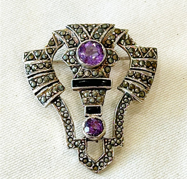 Vintage early 90s silver marcasite Victorian style designer fashion brooch