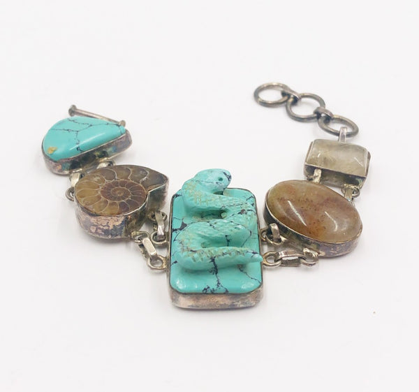 90s Rebecca Collins - Dallas Texas designer sterling silver link bracelet with turquoise stone