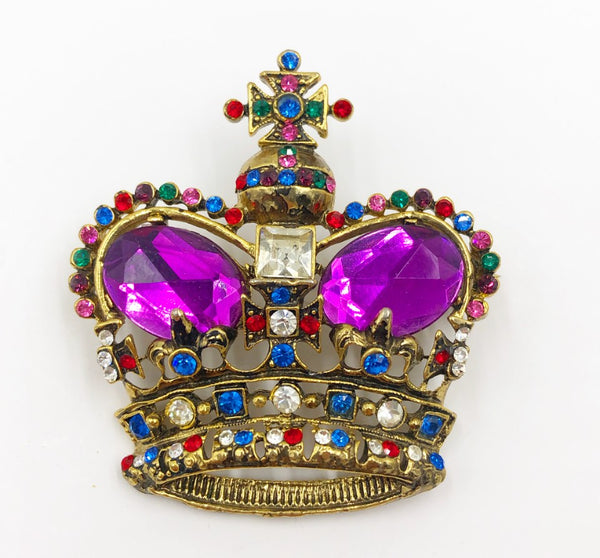 80s designer style large scale crown jeweled brooch.