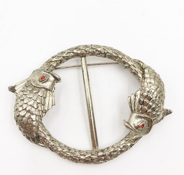 Vintage oval double koi fish silver tone pendant scarf pin