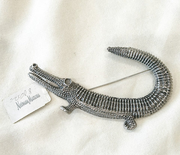 Vintage signed designer alligator brooch by RJ GRIANZO. Pewter style finish