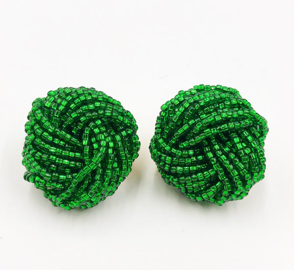 Beautiful Kelly green colored mini beaded crystal knot style earrings-