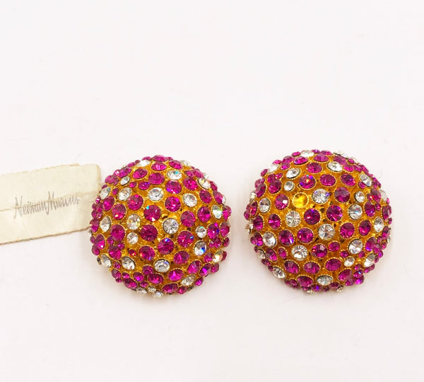 Fabulous vintage 80s pink & clear crystal large dome clip on fashion earrings.