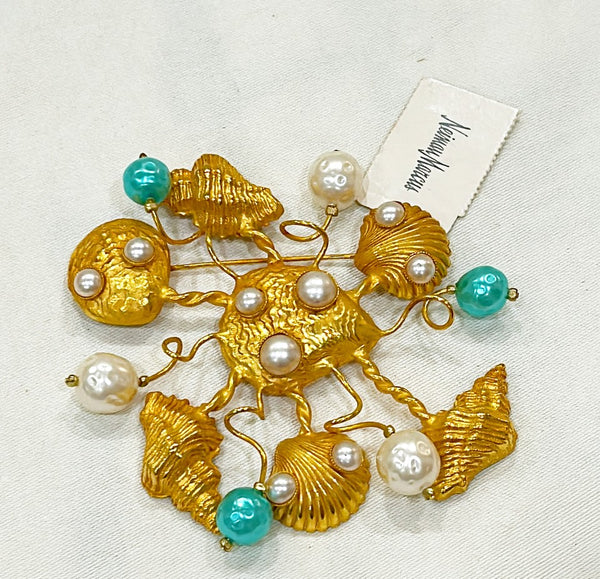 Vintage 80s designer stamped Dominique Aurientis large scale seashells brooch