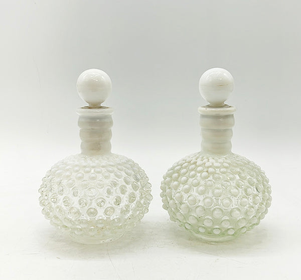 Pair of vintage 60s glass Hobnail style vanity / perfume style jars with tops