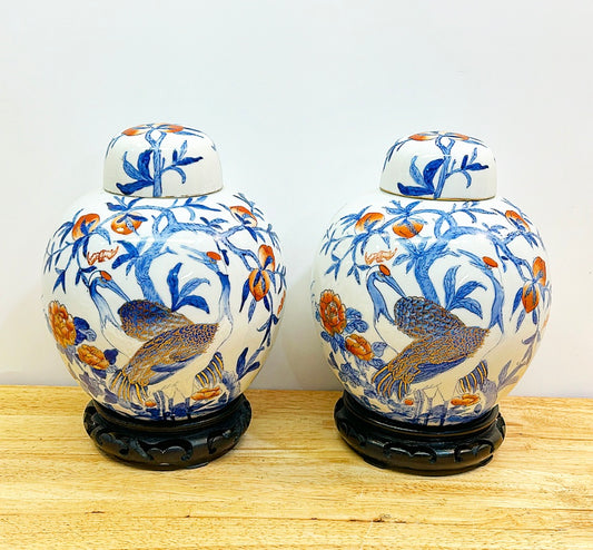 Pair of matching vintage chinoiserie style ginger jars with lids