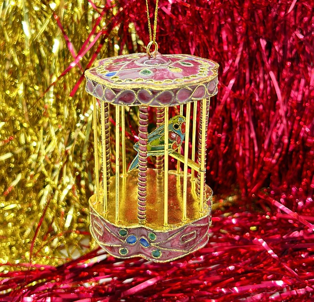 Adorable vintage 1980s cloisonné style bird in birdcage Christmas tree ornament.