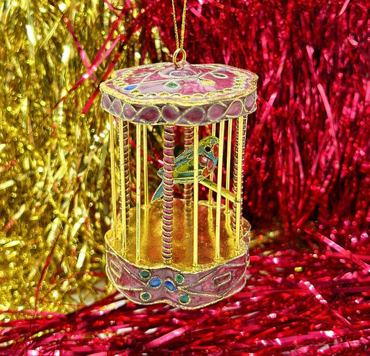 Adorable vintage 1980s cloisonné style bird in birdcage Christmas tree ornament.