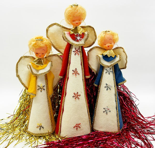 Vintage 1960s handmade cloth set of three Christmas angels.