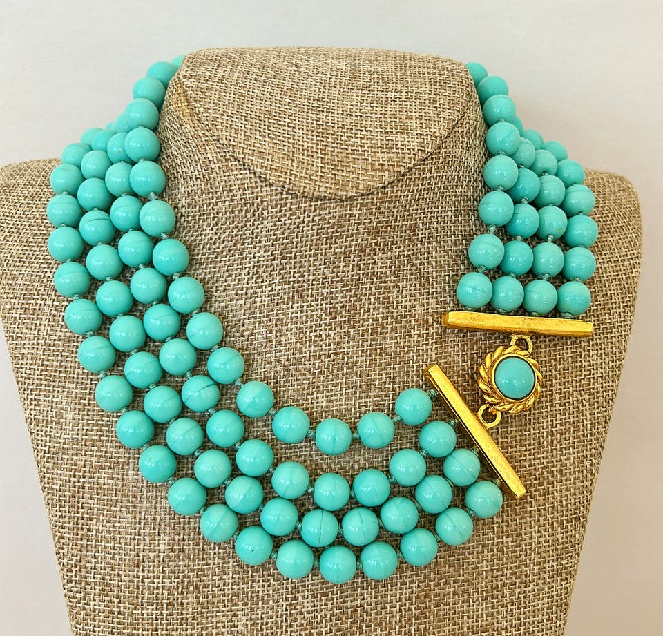 Signed 80’s Larisa BARRERA signed heavy quality polished turquoise beaded necklace with 4 strands