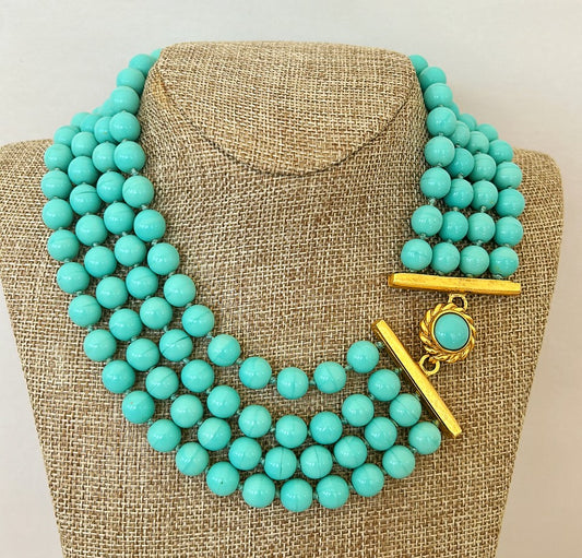 Signed 80’s Larisa BARRERA signed heavy quality polished turquoise beaded necklace with 4 strands