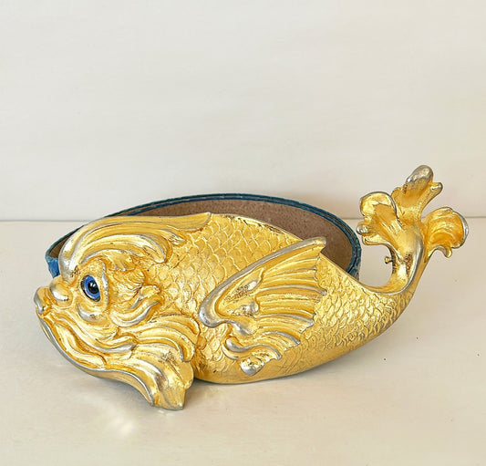 Fantastic signed Christopher Ross 1985 signed & dated sculpture fish belt fashion buckle with original blue snake skin belt
