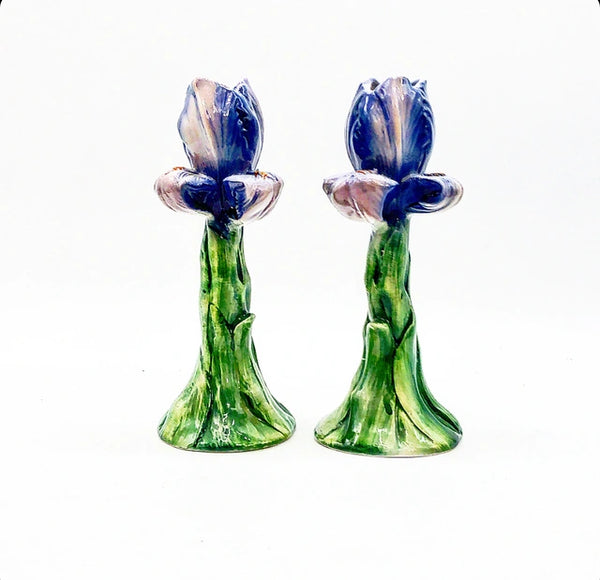 Pair of vintage Italian, stamped green and purple iris, flower candle sticks