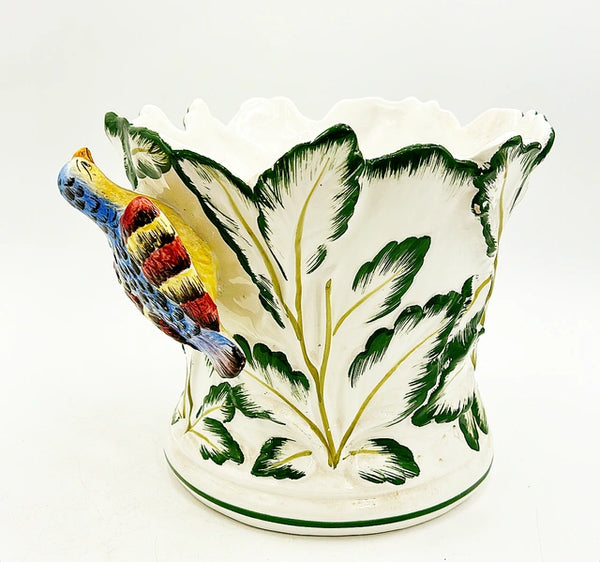 Rare Tiffany and Co. vintage green and white cachepot with colorful bird accent