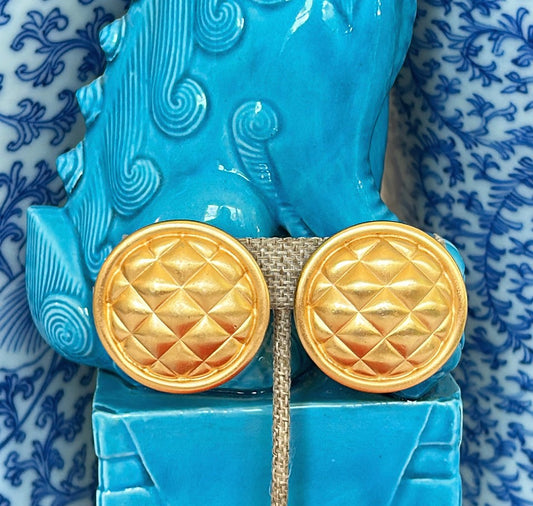 Beautiful 80s large statement size quilted style coin earrings in a brushed gold style metal finish