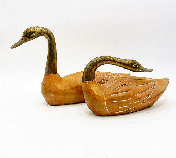 Pair of Frederick Cooper Brass and Wood Carved Ducks