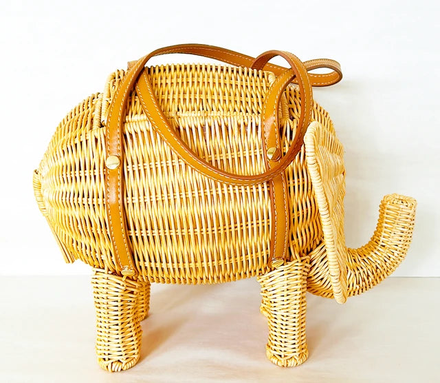 Adorable natural woven wicker elephant purse.