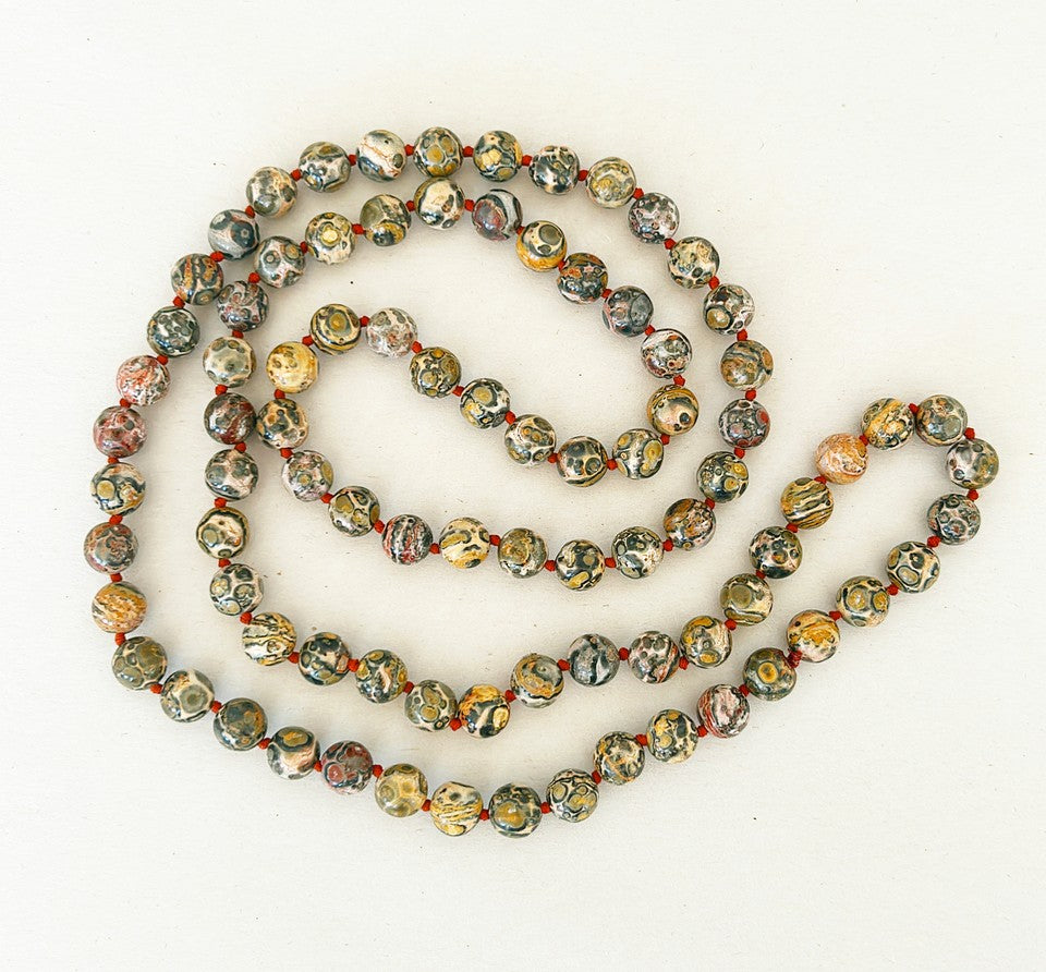 Vintage polished leopard jasper stone beaded necklace