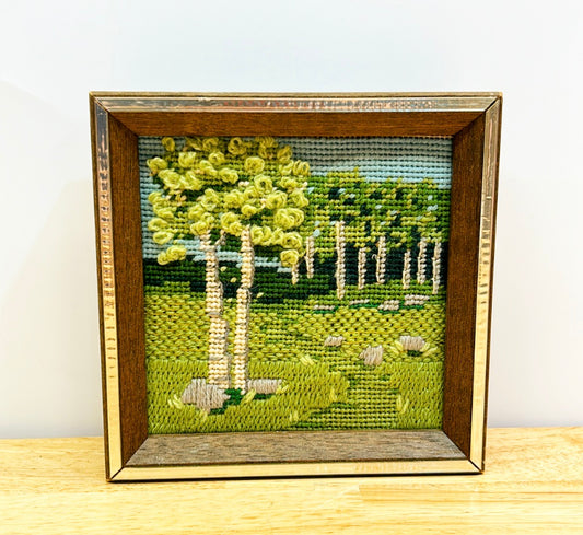 Vintage hand stitched needlepoint framed landscape artwork.