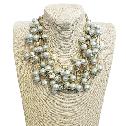 White Pearl & Gold Multi Strand Metallic Silk Necklace