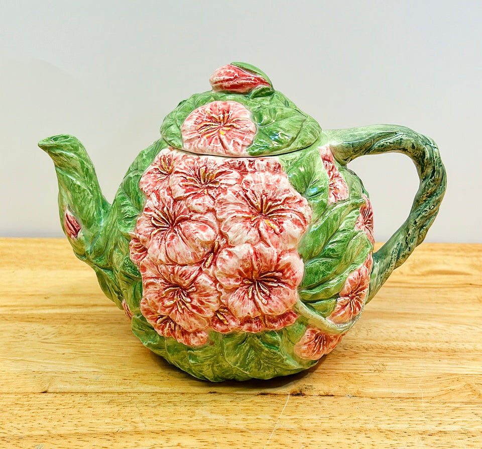 Vintage pink &amp; green hydrangea style teapot with lid.