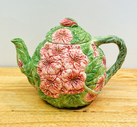 Vintage pink &amp; green hydrangea style teapot with lid.